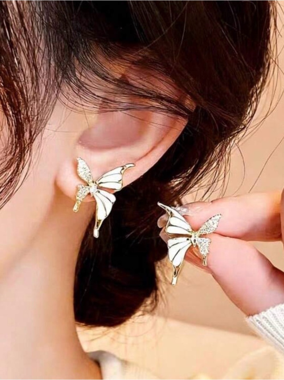 White and Gold Butterfly Stud Earrings